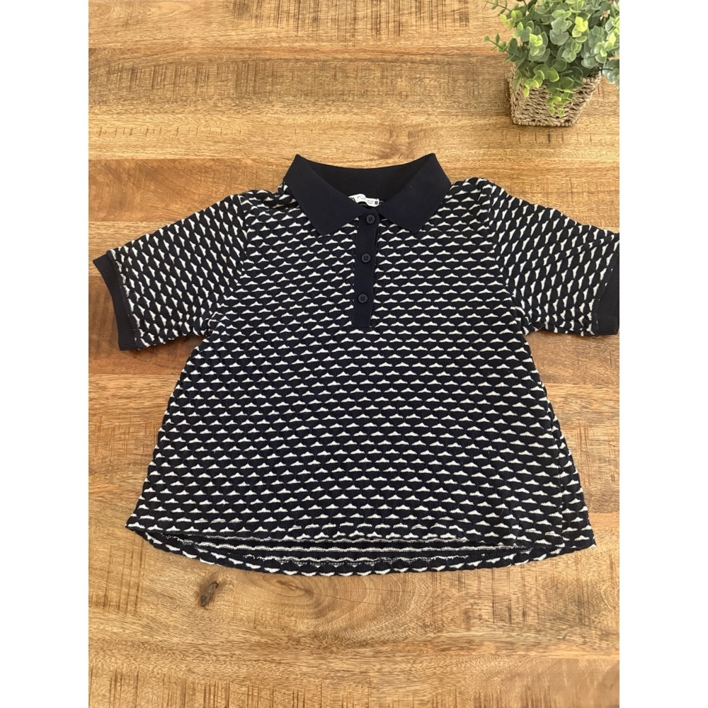 ZARA Knit Polo Sweater Top Women's Small BLUE White Textured Short Sleeve Crop